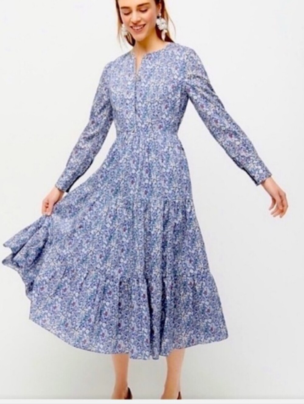 J. Crew Liberty Fabric June's Meadow Midi tiered long sleeve cotton dress sz P/0